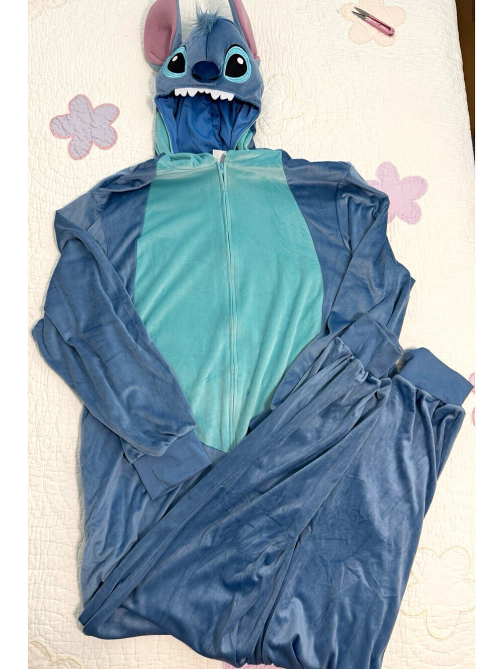 Disney Stitch Costume Pajamas Hooded One Piece Blue Adult L/XL Cosplay